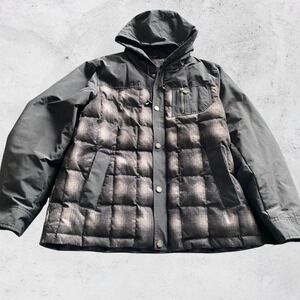 Pendleton Mens Large Puffer Jacket Plaid Hooded Down Black Gray hooded READ